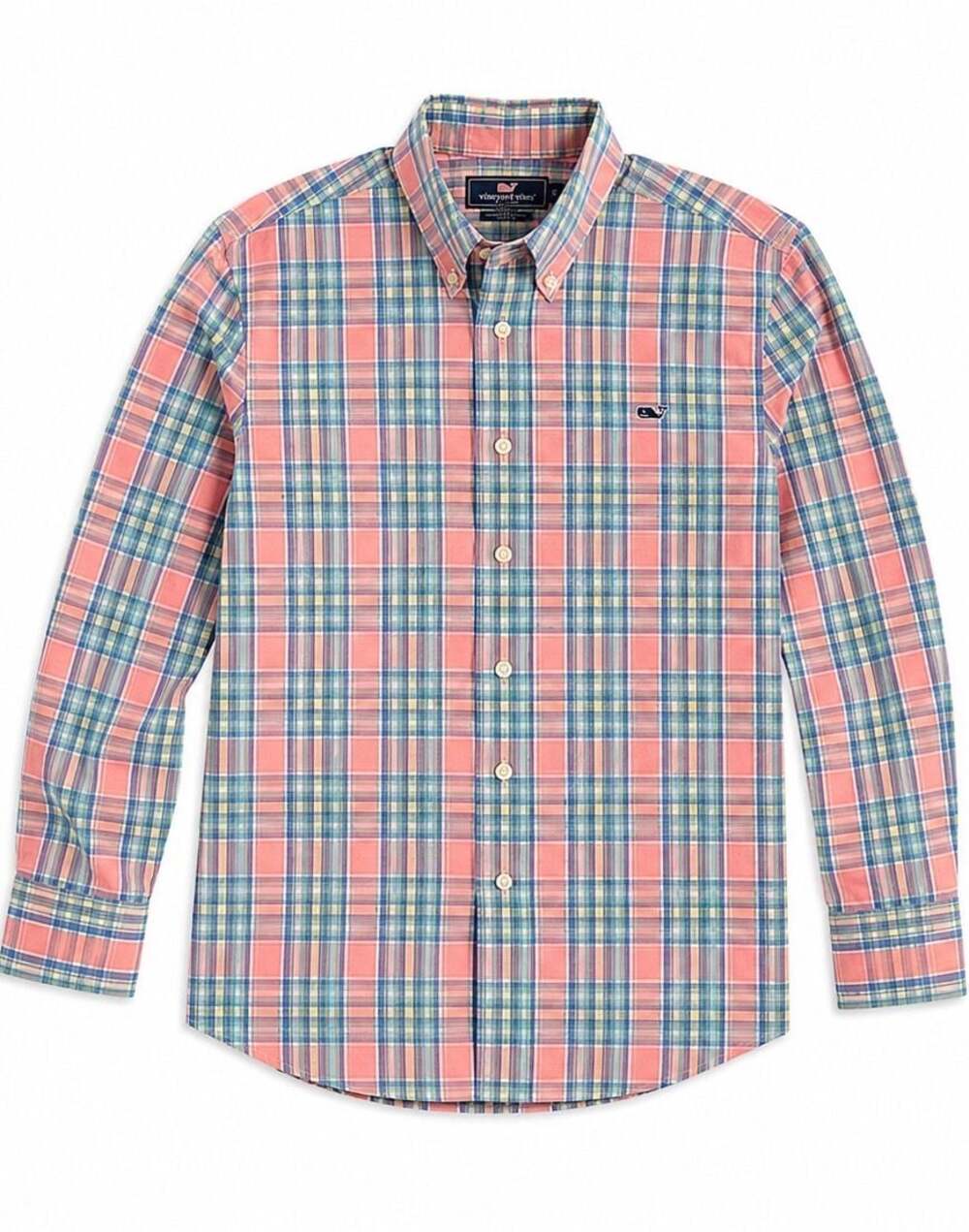 Vineyard Vines Boys Youth Size 12-14 Long-Sleeve Pink Blue Plaid Whale Shirt